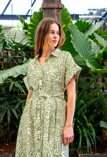 Elinor Dress - Cream/Green